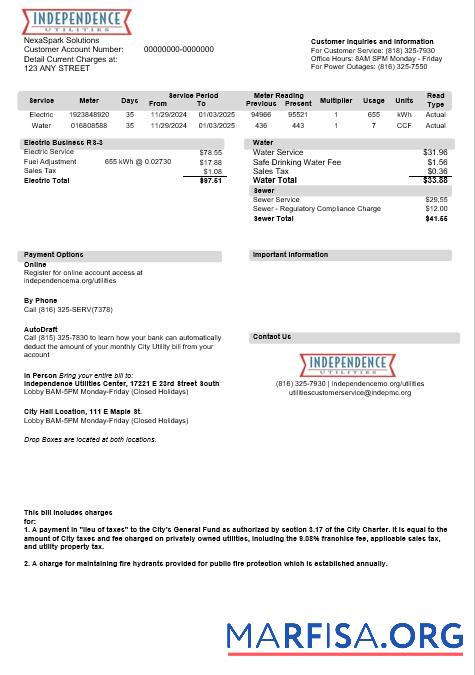 Realistic USA Missouri Independence Utilities business utility bill template in Word and PDF formats, version 2